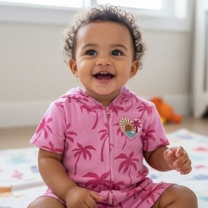 Pink Summer Terry Romper with Palm Tree Design